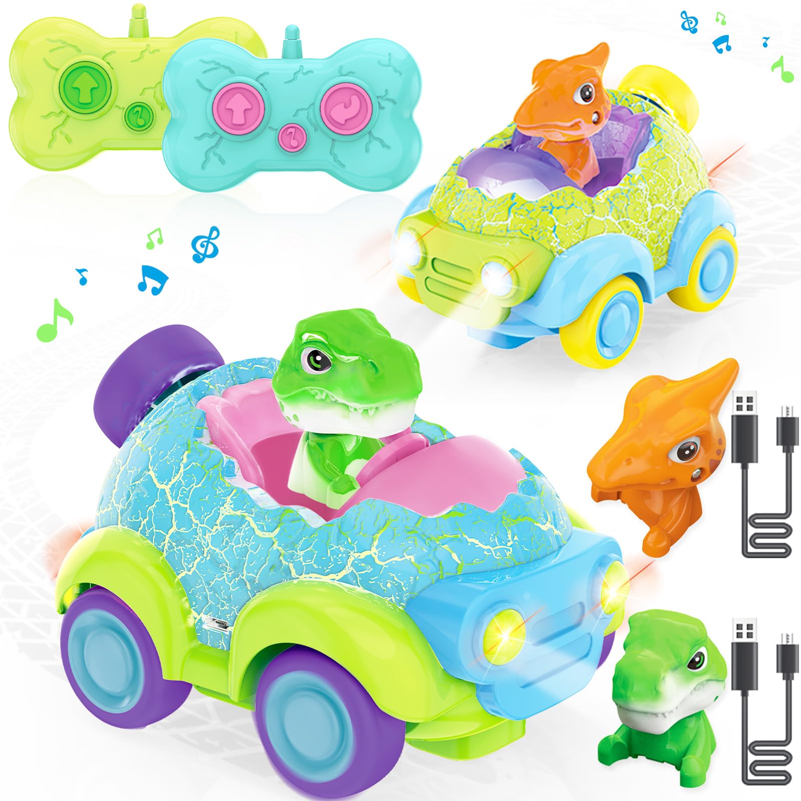 BuzzoXerex Coche Teledirigido Niños, Dinosaurios Juguetes Coche para Niños, Set de 2 Dinosaurio Teledirigido Coches, Dinosaurios Juguetes Coches con Luces y Músic, Regalos para niños y niñas 2-6 Años