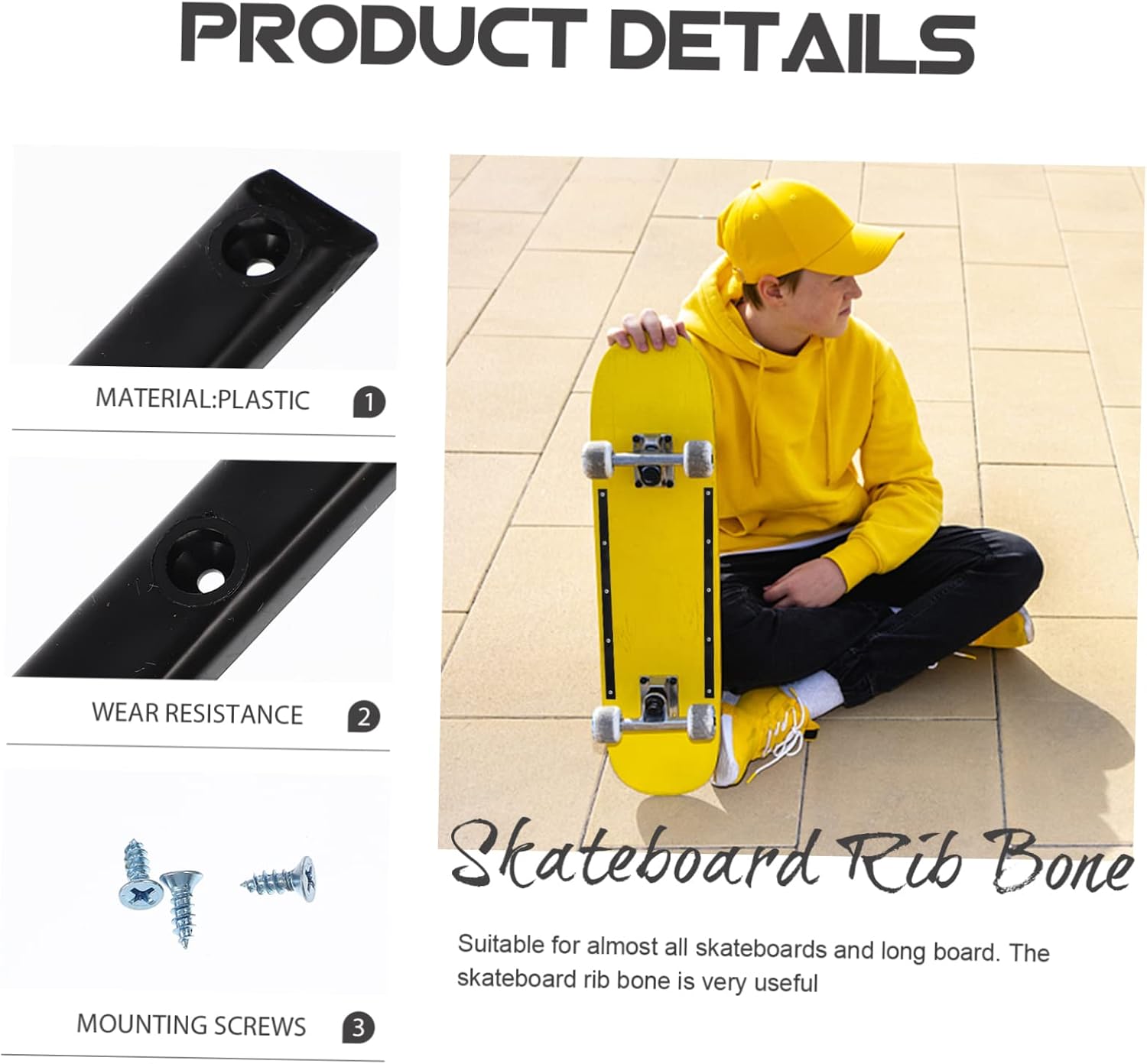 POPETPOP Skateboard Parts Rib Bone Plastic Longboard Rail Plastic Black Skateboard Replacement Parts