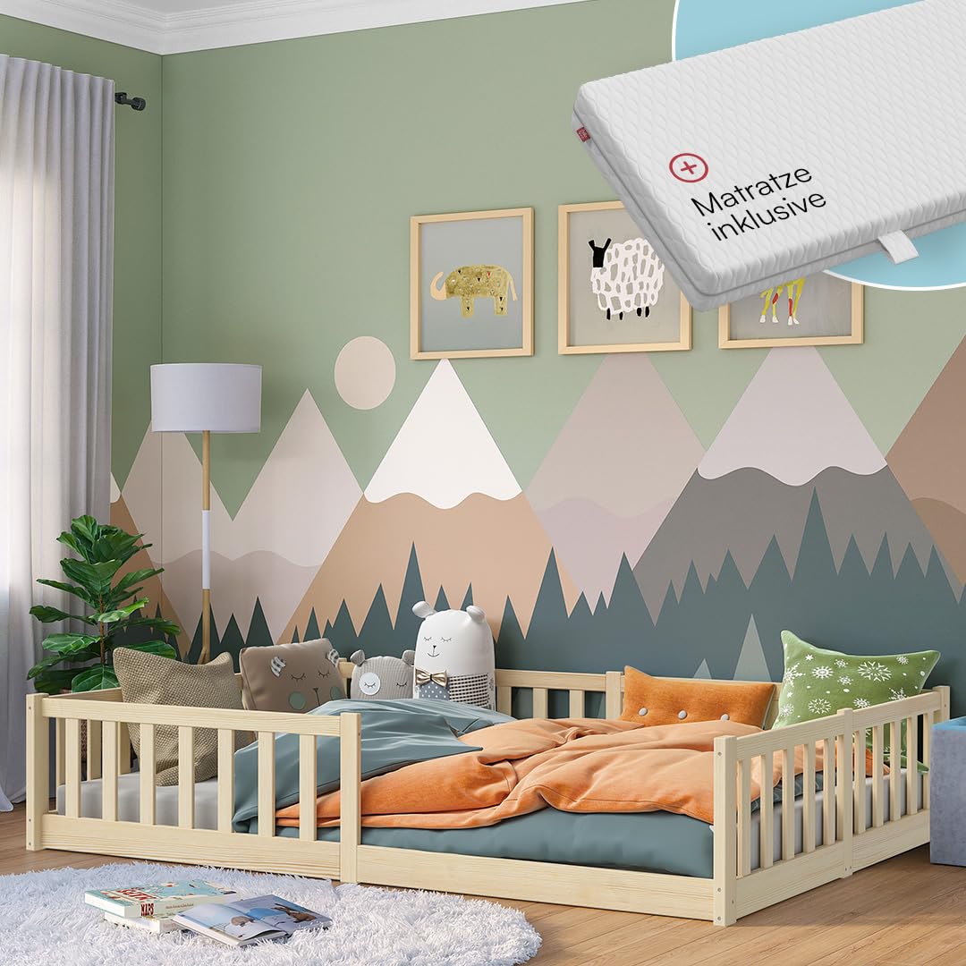 Bellabino Vere Bodenbett 140x200 cm – Montessori-Kinderbett aus Kiefernholz mit Matratze, Rausfallschutz und Lattenrost (Natur)