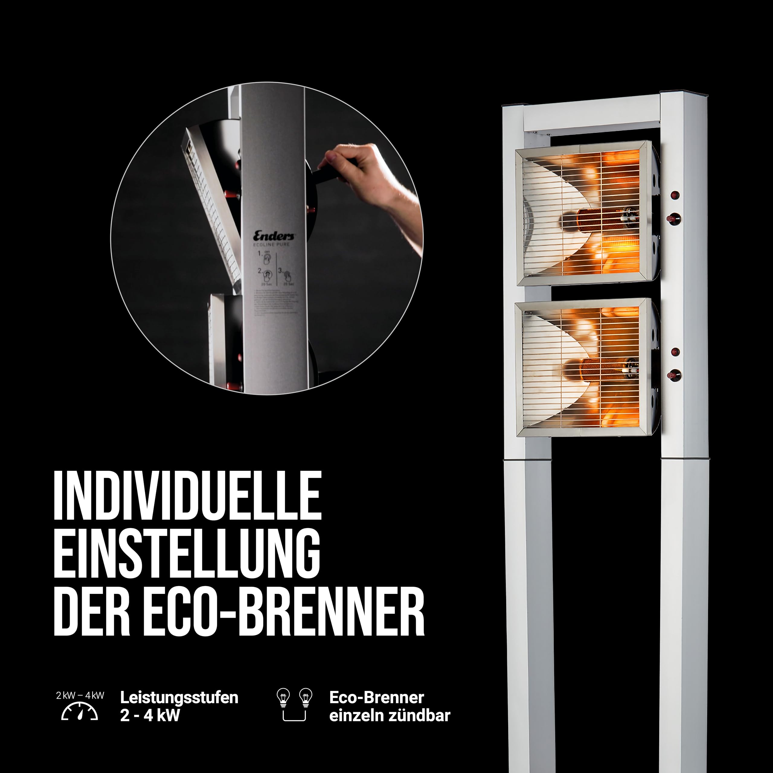 Enders® Terrassenheizer Gas ECOLINE PURE, Gas-Heizstrahler 5640, Terrassenstrahler mit Ultra Brenner-Technologie, Transporträder, Umkippsicherung, Schwarz / Aluminium