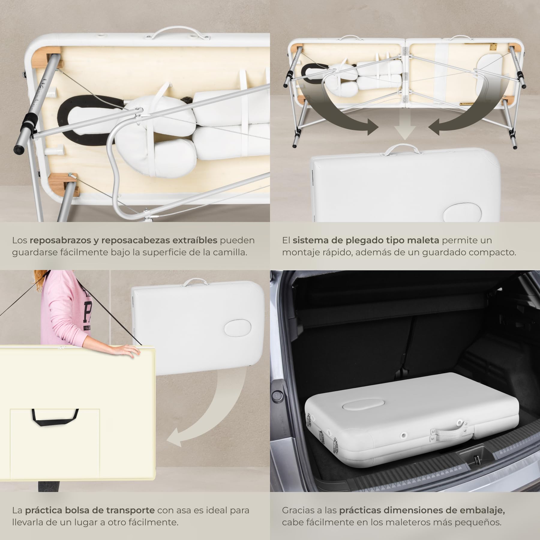 tectake® Camilla de Masaje Plegable de Aluminio, Estética Profesional para Quiromasaje, Tatuajes, Reiki y Fisioterapia - Altura Ajustable, 3 Zonas, con Bolsa de Transporte - Blanco