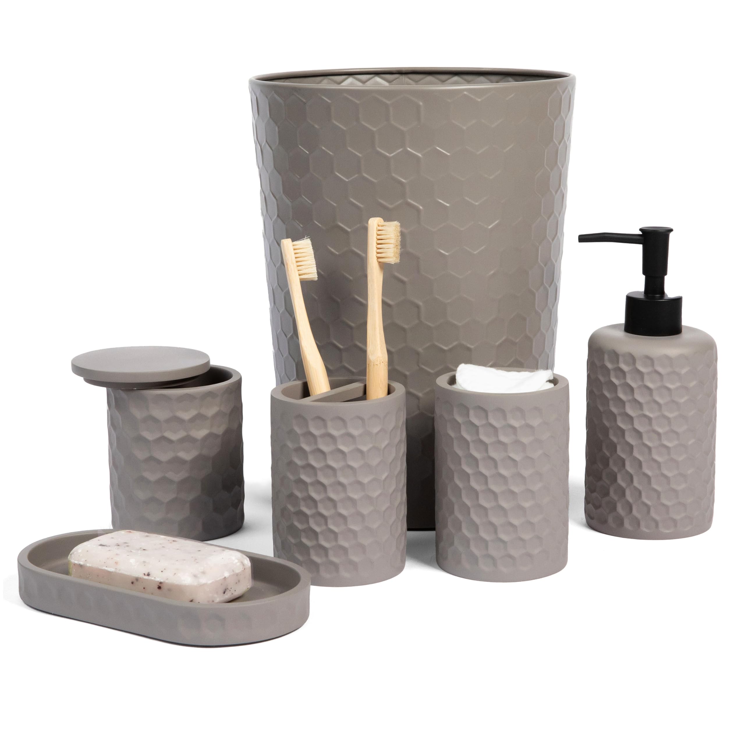 zccz 6 Piece Bathroom Accessories Set, Toothbrush Holder, Toothbrush Cup, Soap Dispenser,Bathroom Vanity Tray, Qtip Holder, Trash Can - Cement