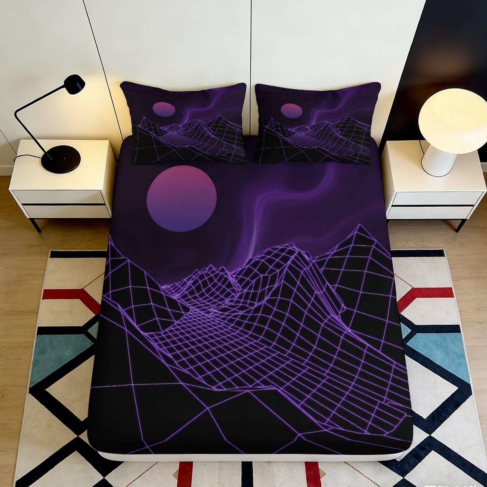 3D Printed Neon Grid Fitted Sheet Microfiber Purple Retro Futuristic Sun Mattress Cover for Bedroom Dorm Decor 90x200x25cm