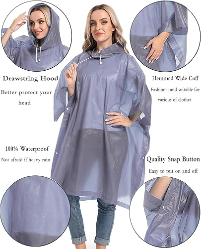 Miniatura 4 de Ponchos de lluvia reutilizables con capucha con cordón para adultos, abrigo de lluvia grueso impermeable, 2 paquetes
