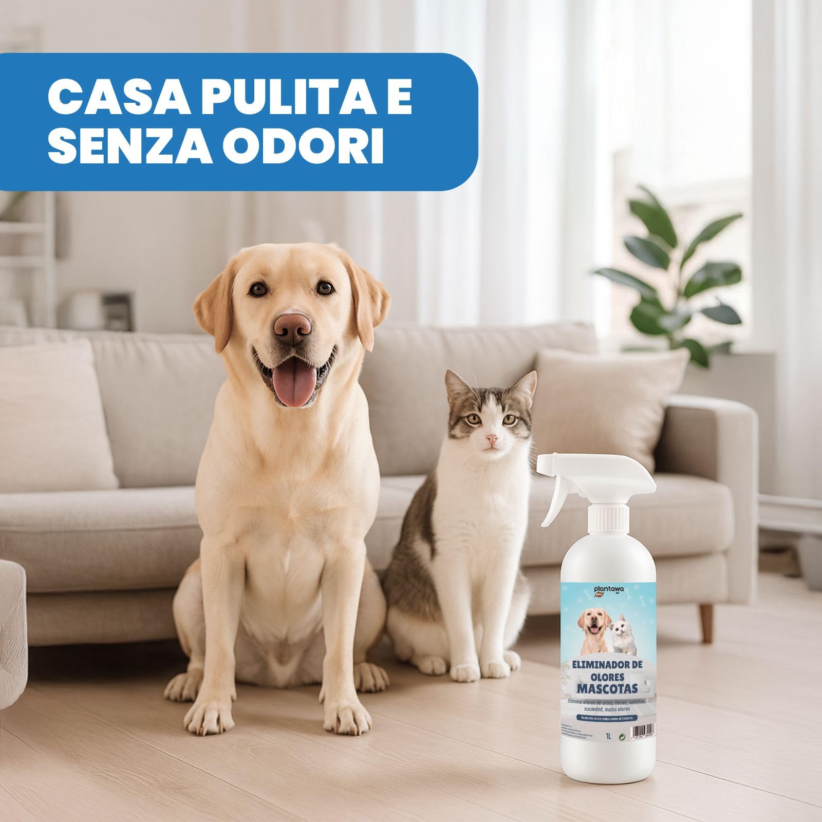 PLANTAWA Eliminatore di Odori di Animali Domestici Spray 1L | Eliminare Odore pipì Cane | Detergente Enzimatico urina Gatto, feci e Vomito | Repellente Naturale | Sicuro per Varie superfici e Tessuti