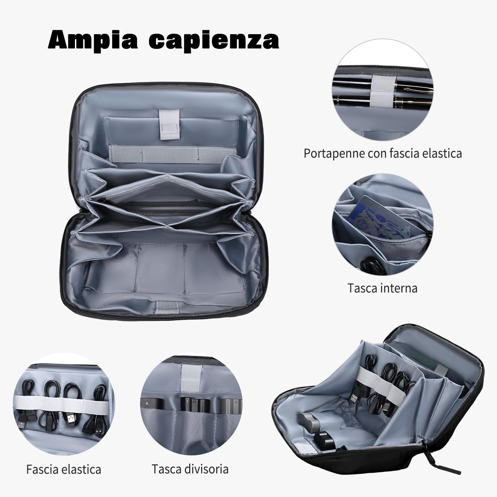 FANDARE Borsa Organizer Cavi Custodia da Viaggio in Tela Oxford Nero | apertura 180° acceso total, correas elásticas fijan cables, cremallera y compartimentos anti-enredos, tela oxford impermeable
