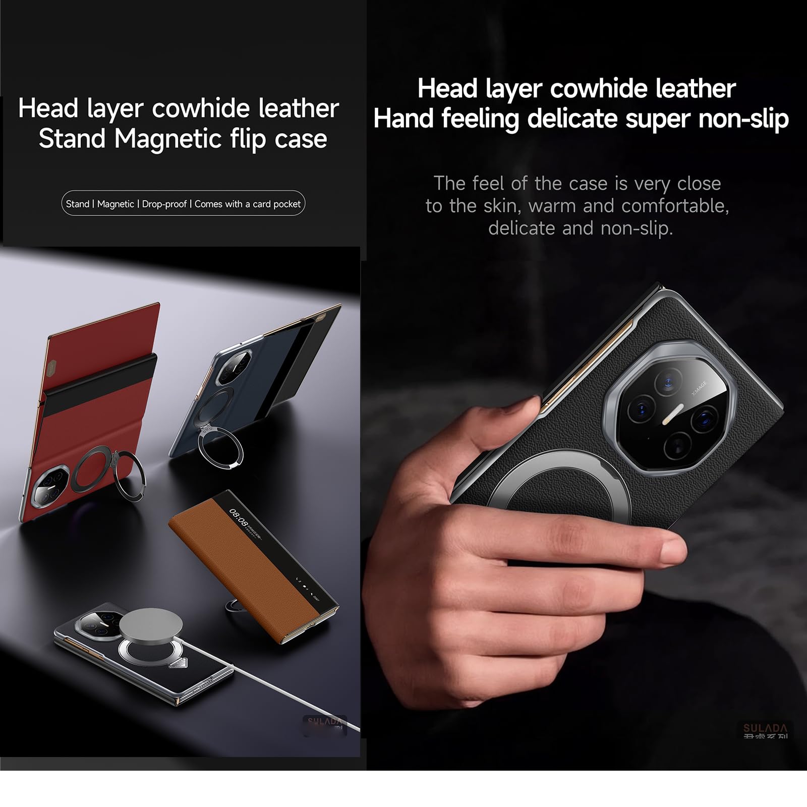 Kompatybilne z Huawei Mate XT etui Smart Clear View Case [kompatybilne z Mag-Safe] [z regulowanym stojakiem pierścieniowym] smukłe etui z prawdziwej skóry portfel z klapką, ochronne, odporne na