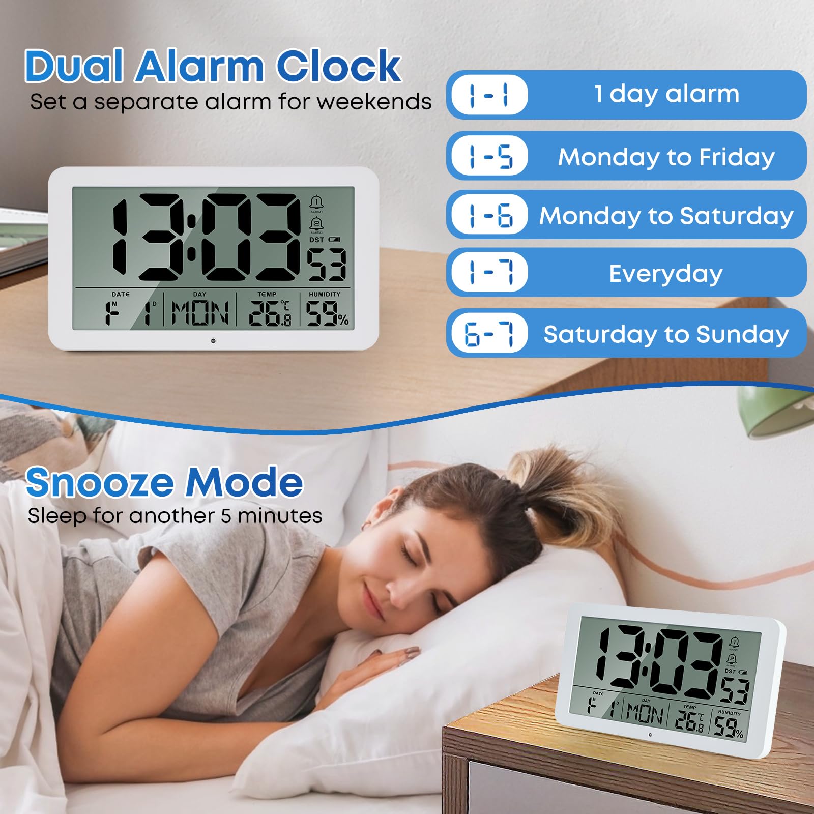 Seutgjie Digitale Wanduhr Groß 9 Zoll Tischuhr Seniorenuhr mit Datum Wochentag Temperaturanzeige Feuchtigkeit DST-Funktion 2 Weckzeiten Snooze Modi 12/24 Stunden
