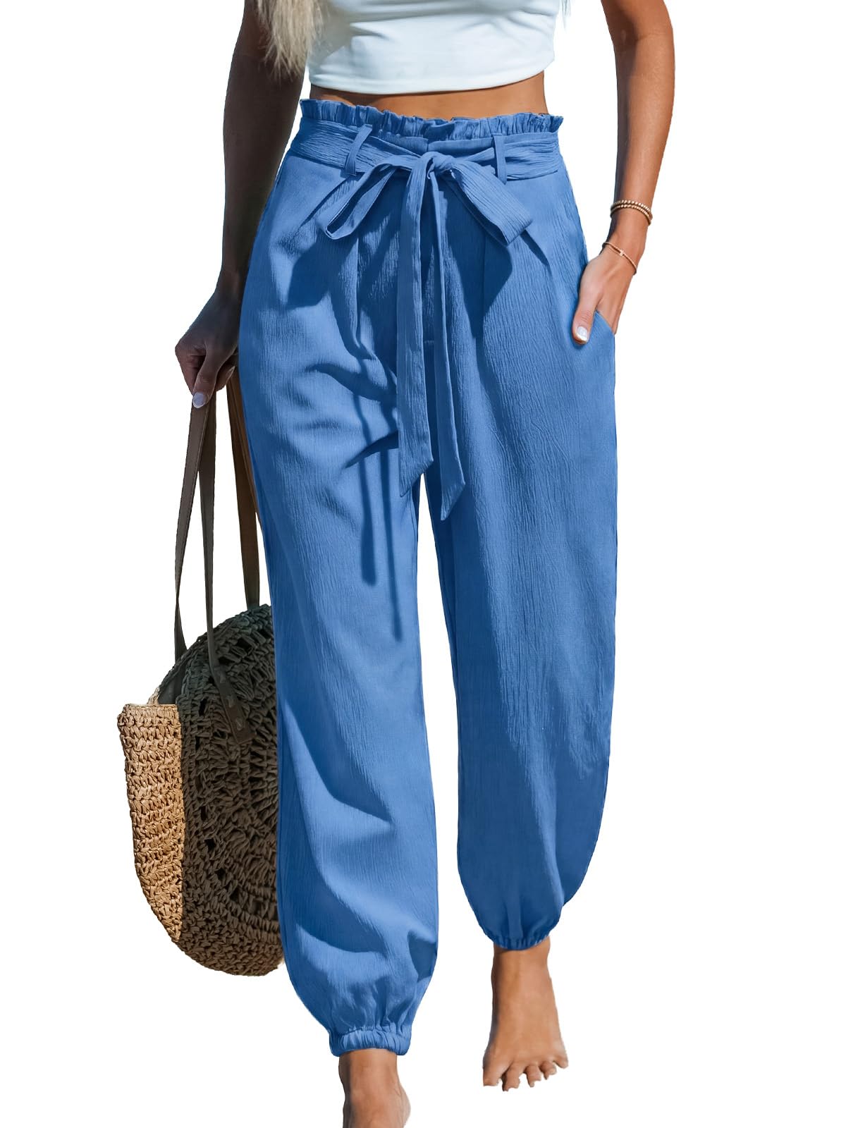 CUPSHE Pantalones de mujer Paperbag de cintura alta con cinturón, casuales, ajuste holgado, puños elásticos, pantalones harén con bolsillos, pantalones texturizados para vacaciones y playa