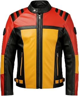Mens Casual Biker Motorcycle Sheepskin Coat Zipper Side Pockets Red Black and Gold Contrast Genuine Leather Jackets