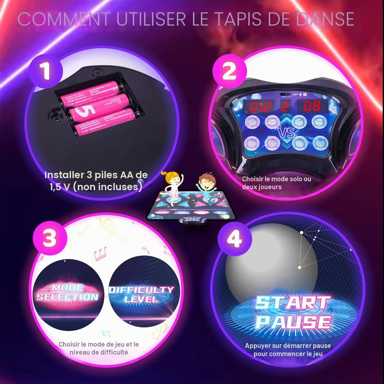 Vatos Double Tapis de Danse pour Filles - 8 Touches, 2 Modes de Compétition, 12 Jeux, 3 Niveaux de Difficulté, Âge 3-12 Ans