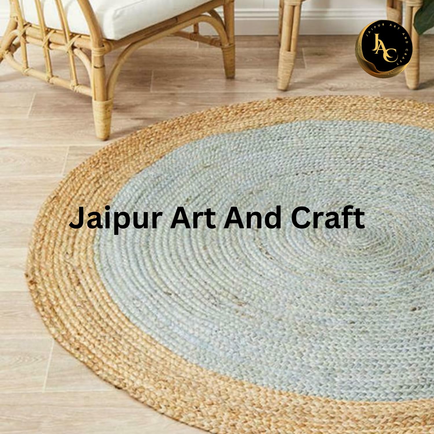 Tapis Rond En Jute Tressé Bleu - Fait Main, Design Indien, Moderne, Antidérapant