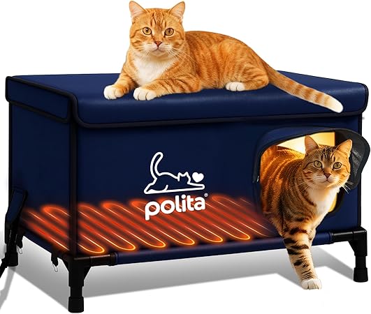 Rugged Heated Cat House for Outdoor Cats in Winter, Extremely Insulated & 100% Weatherproof, Elevated Feral Cat Shelter with Waterproof Eaves & Safe Escape Door for Stray & Barn Cats