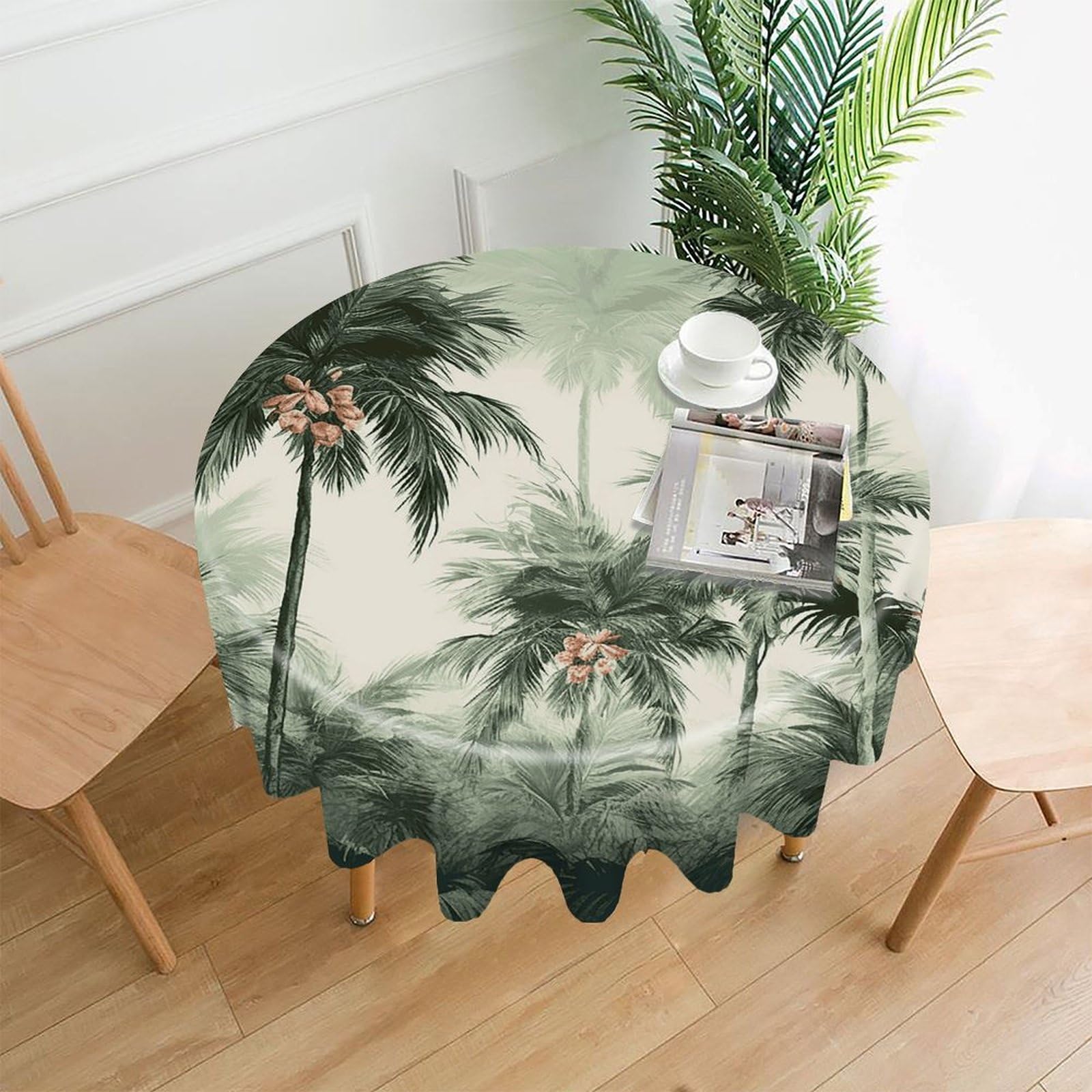 LZQPOEAS Tropical Palm Trees Tablecloth Decorative Round Table Cloth Wrinkle Resistant Round Tablecloth Washable Circle Table Cover for Kitchen Dining Party Wedding Camping 60 Inch