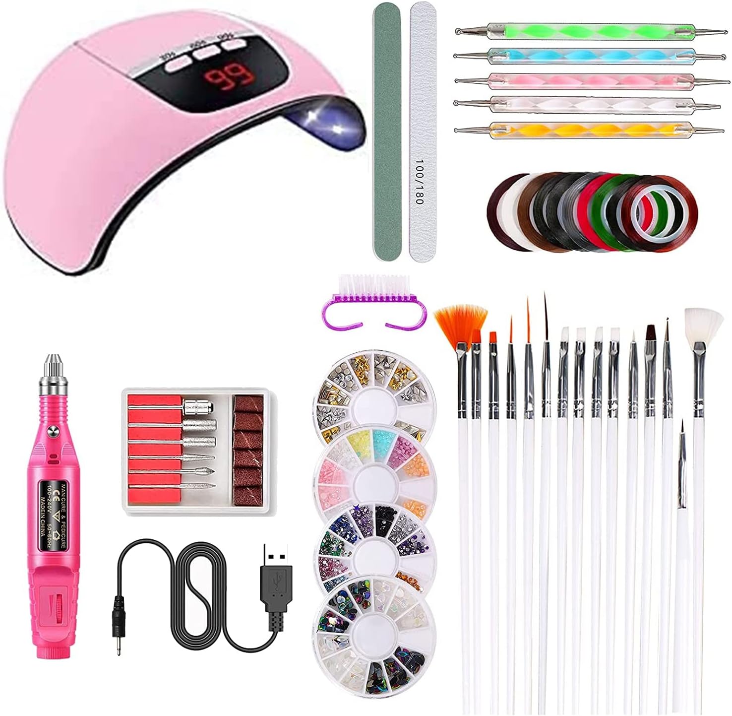 Nail Tool Kit Nail Dryer Lamp USB Charging Nail Pen Nail Drill Handpiece Nail Painting Brushes Nail Dotting Tool Nail Decorations Manicure Tape Color Rhinestones for Nails Beauty