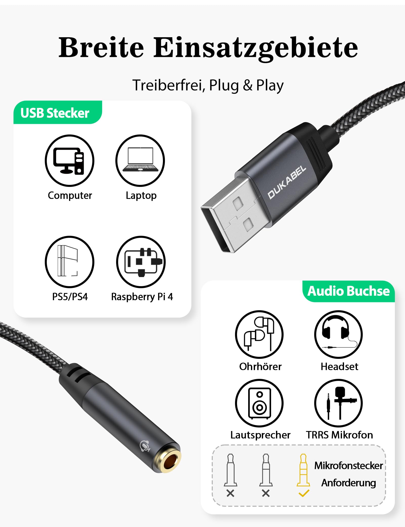 KiWiBiRD USB naar 3,5 mm Jack Audio Adapter, USB Hoofdtelefoon, Microfoon en Headset Adapter, TRRS 4-polig, Externe Geluidskaart compatibel met MacBook, Surface, PS4, PS5, Laptop, Raspberry Pi