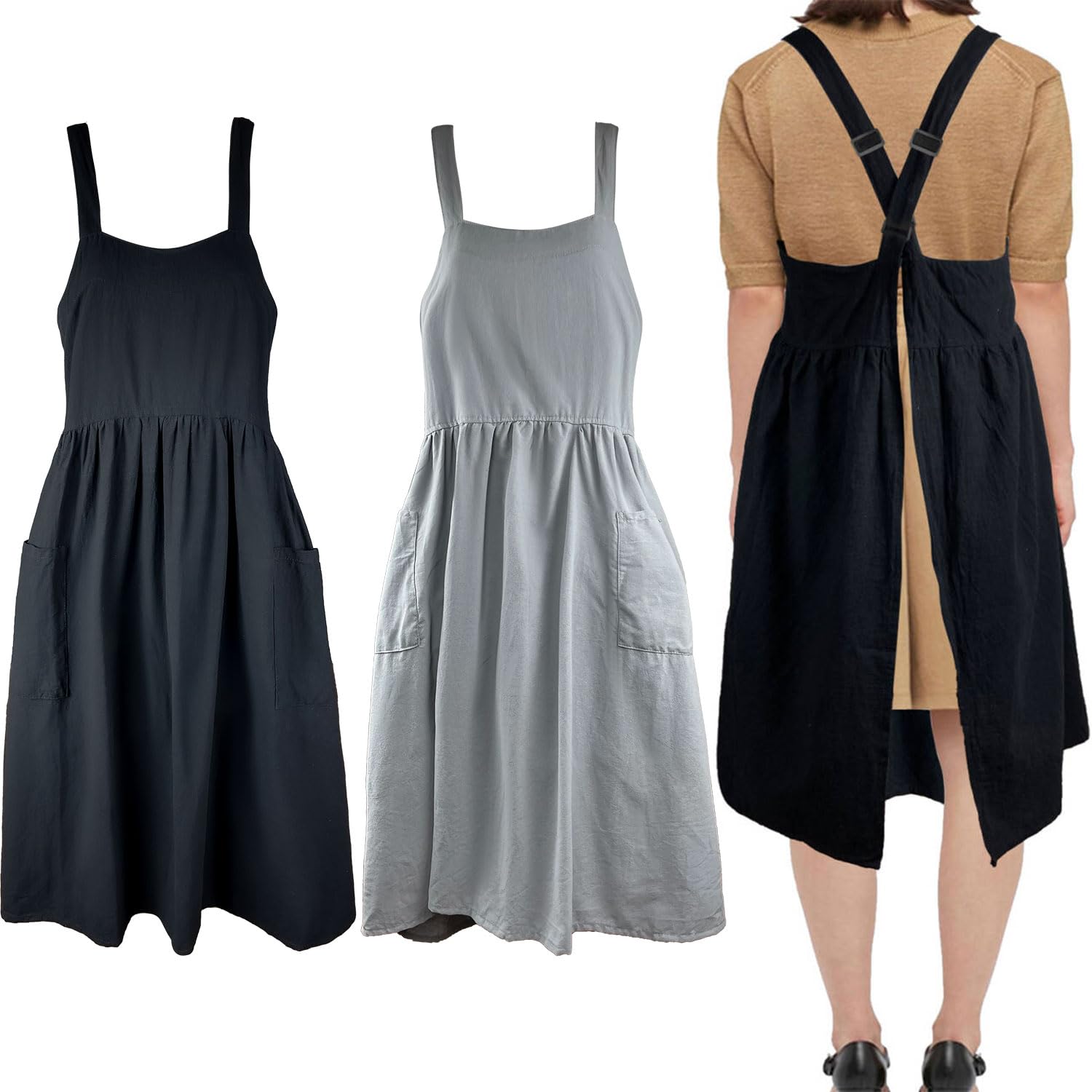 Uaussi Cotton Linen Apron Cross Back Work Apron for Women with Pockets Pinafore Dress X Cross Halter Apron for Chef Gardening