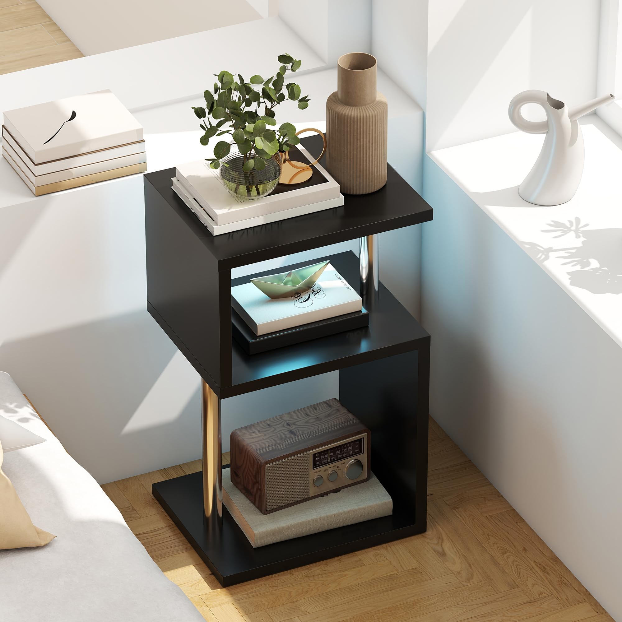 HOMCOM Mesa Auxiliar Luz LED de 3 Niveles 44x38x75 cm Negro Brillo