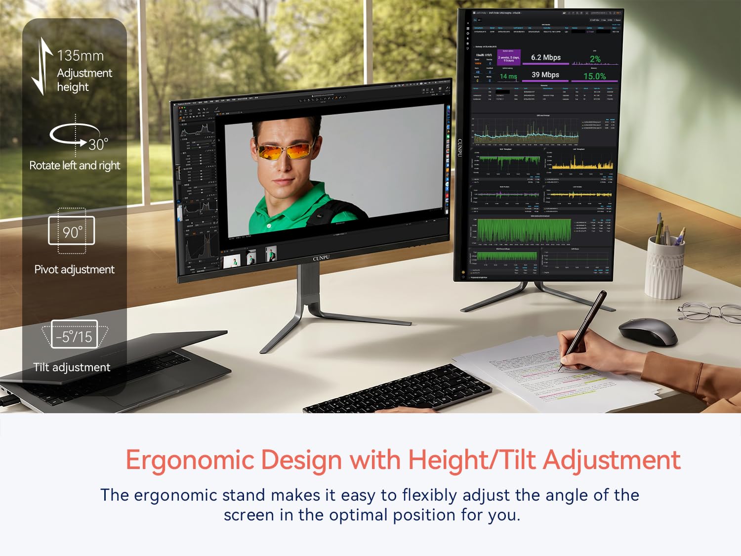 CUNPU 32" 4K IPS Monitor, 100% DCI-P3, 65W USB-C PD, 3-Side Ultra-Thin Bezel, Flicker-Free Eye Care, Ergonomic Adjustable, HDMI/DP, VESA 100x100 - Home/Office Entertainment image 5