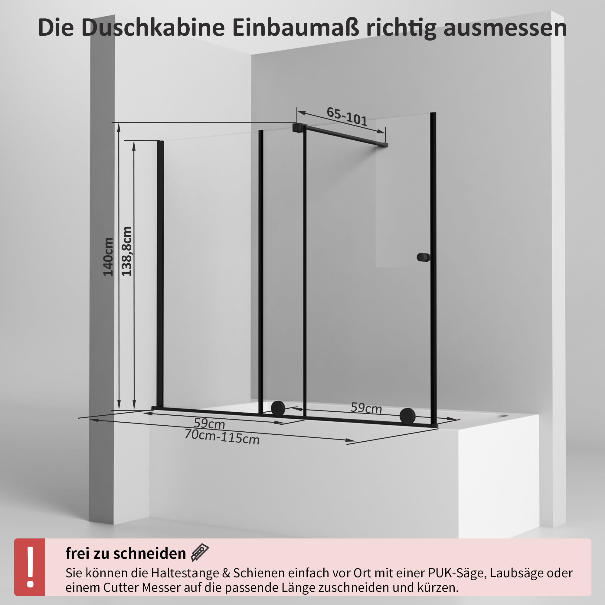 Duschwand für Dusche 115 x 140 cm,Duschaufsatz für Badewanne mit Schiebetür Schwarz 6mm ESG Glas Badewannenaufsatz,Schiebetürbreite ist von 70-115 cm Einstellbar