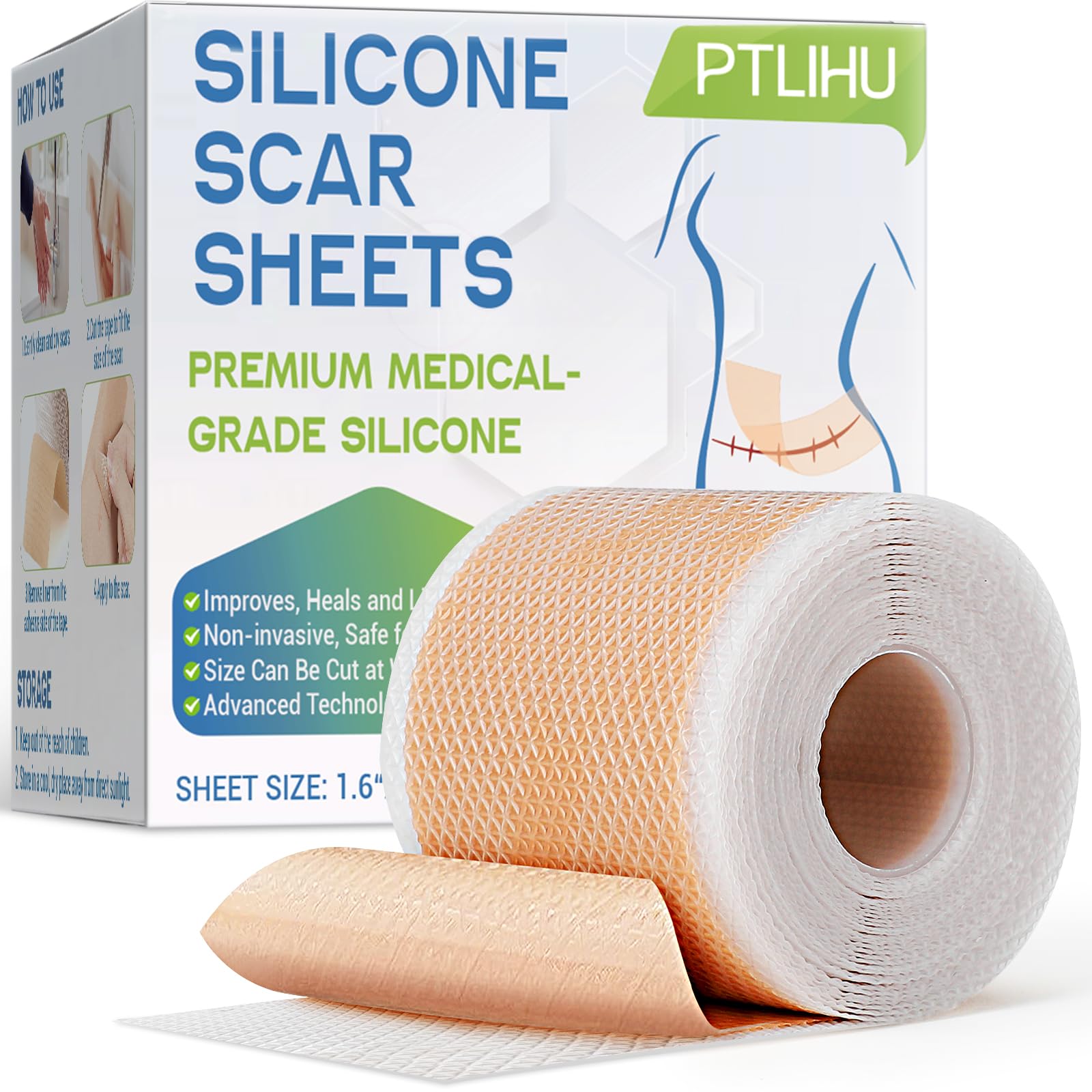Silicone Scar Sheets, Scar Away Patches (1.6" x 120"), Silicone Scar Tape for C Section, Keloid Bump Removal, Surgical Scars, Acne Scar Treatment