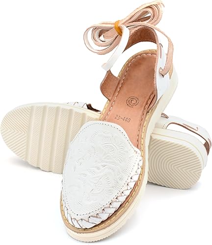 Miniatura 4 de COLORES DE MEXICO MX - Mexican Leather Shoes with Long Crossed Roman Straps for Women - Model 440 (6, White)