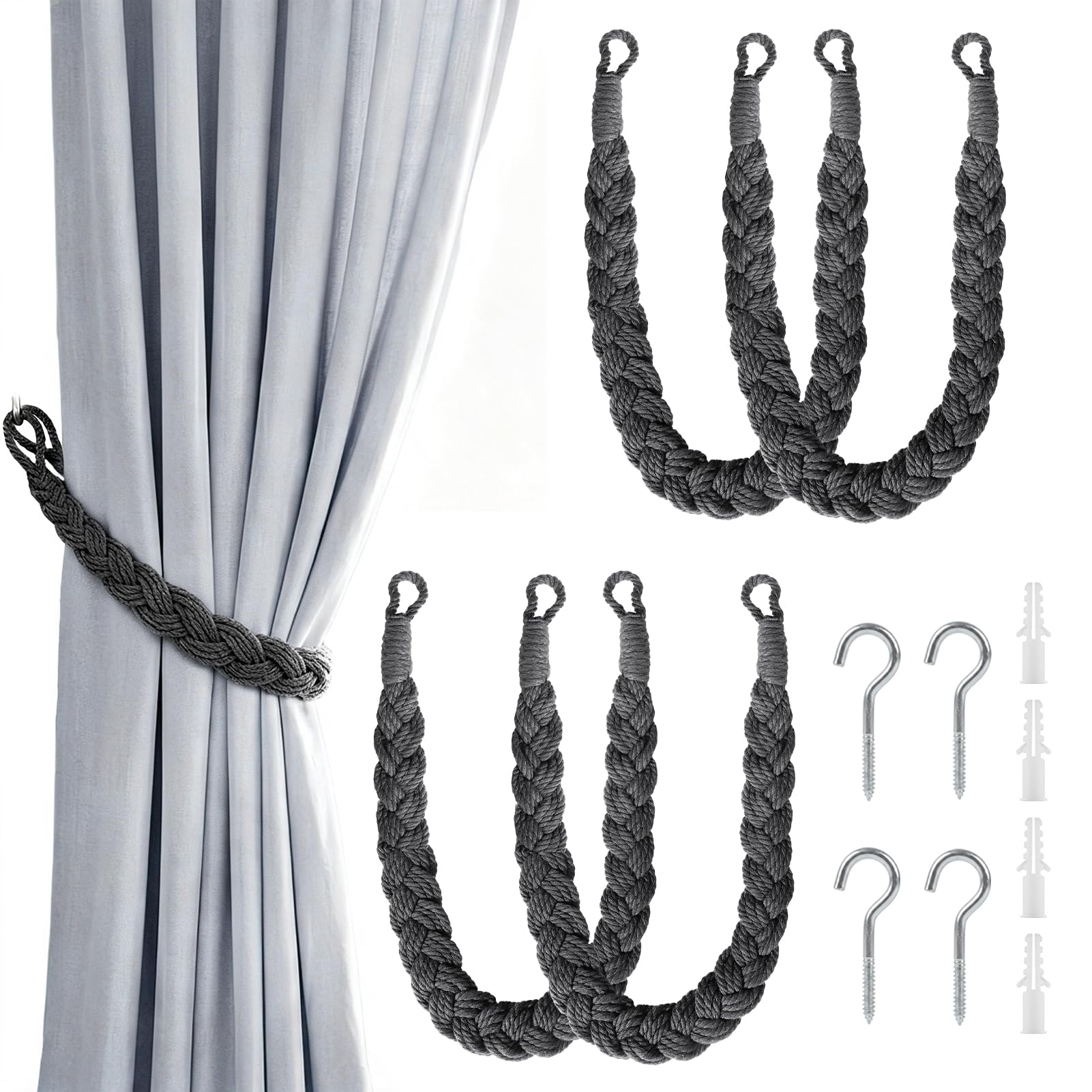 4 PCS Natural Cotton Rope Curtain Tie Backs, Rope Tie Backs for Curtains, Hand Knitting Curtain Tiebacks with Metal Hooks, Decorative Woven Curtain Tie for Living Room Bedroom Office (Dark Gray)