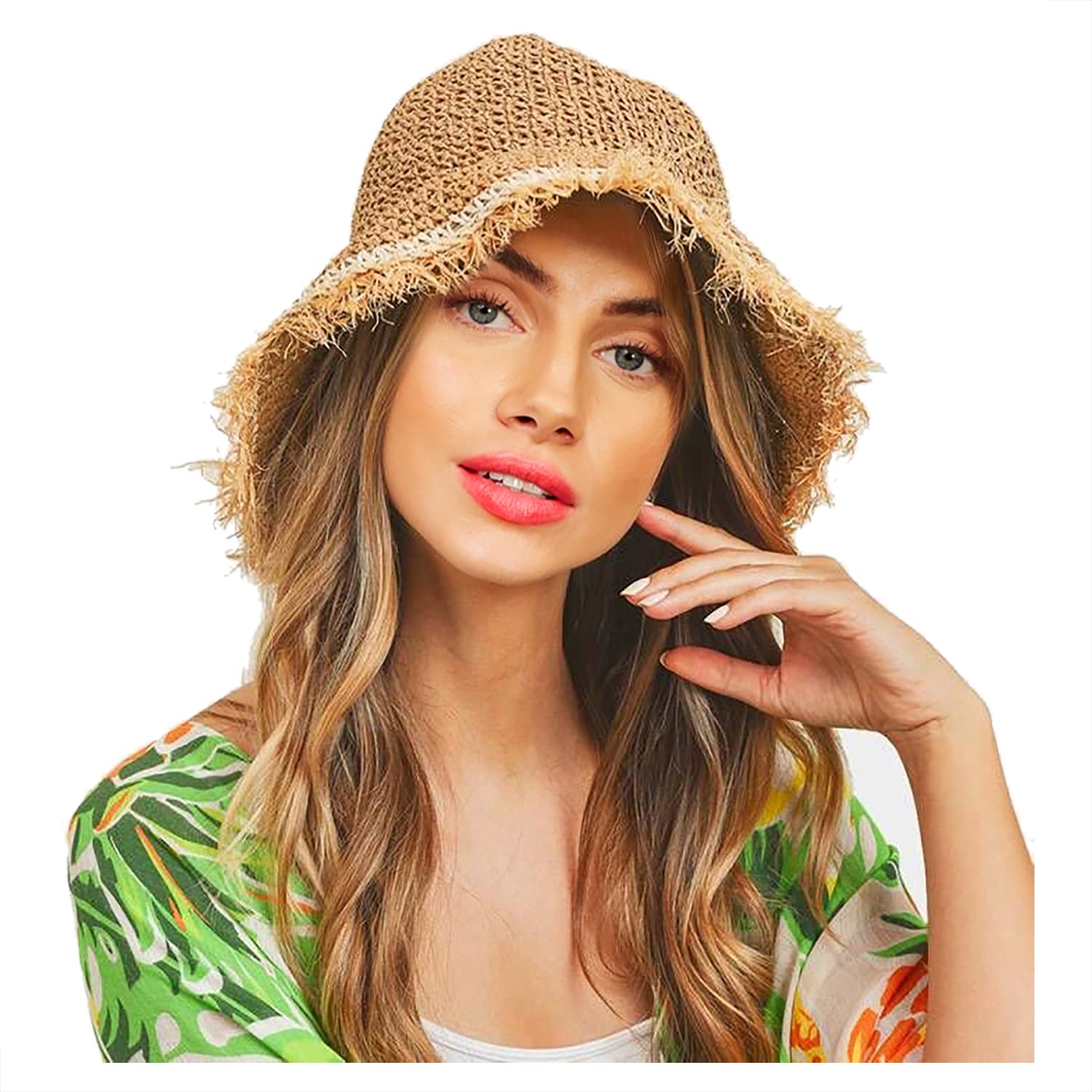 boderier Sombrero de paja para mujer, sombrero de playa deshilachado de ganchillo plegable, sombrero de paja de verano para la playa