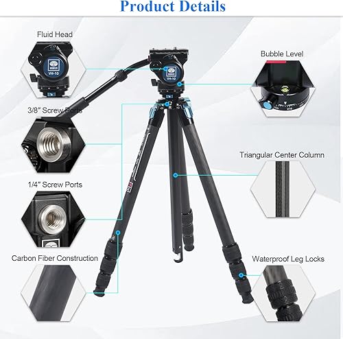 Miniatura 10 de SIRUI Trípode profesional de fibra de carbono con cabezal de video fluido de 360, trípode de cámara de video de 72 pulgadas con columna central