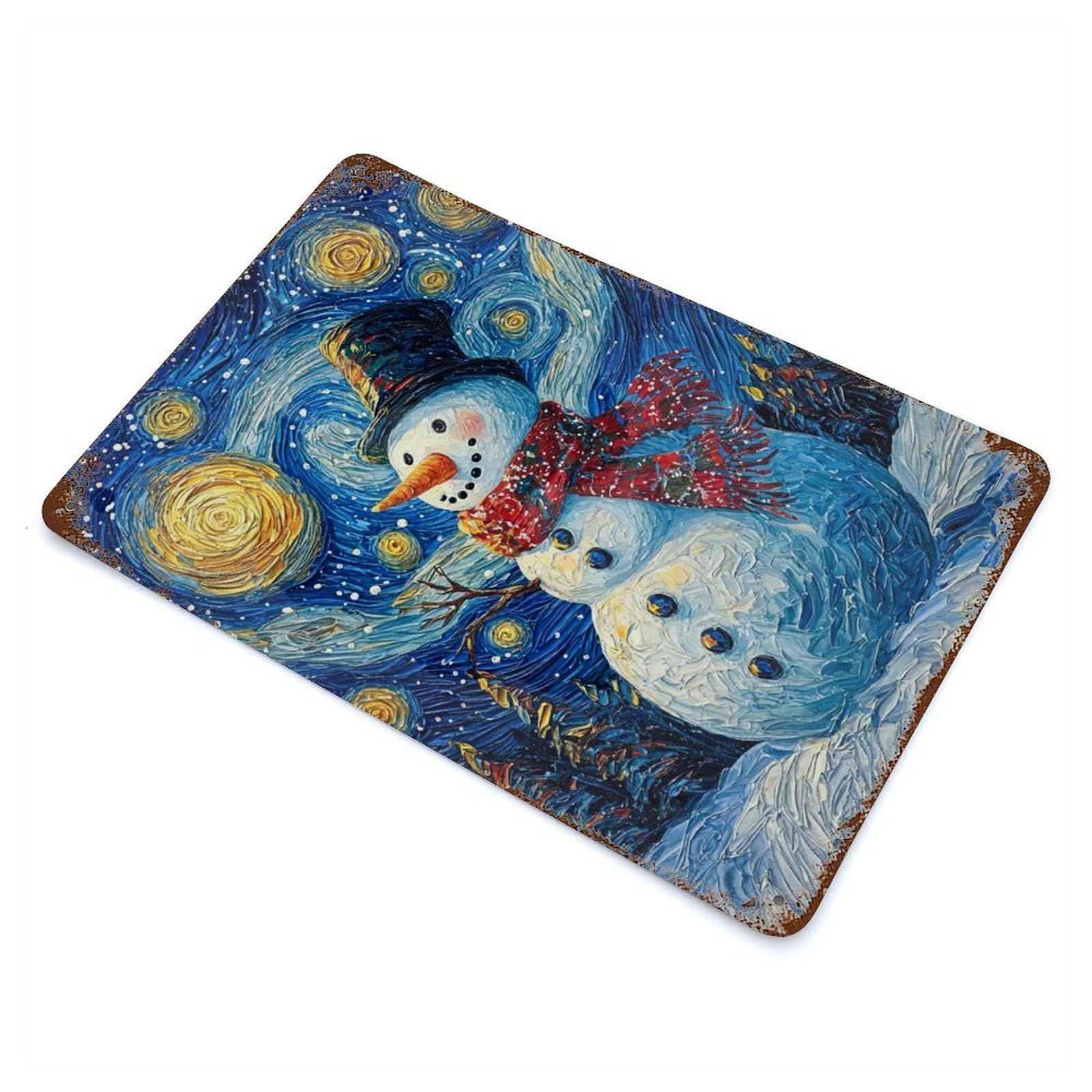 Snowman Under Starry Night Vintage Wall Sign 11.8"x7.9", Rust Effect Metal Decor for Living Room, Hallway And Home Decor