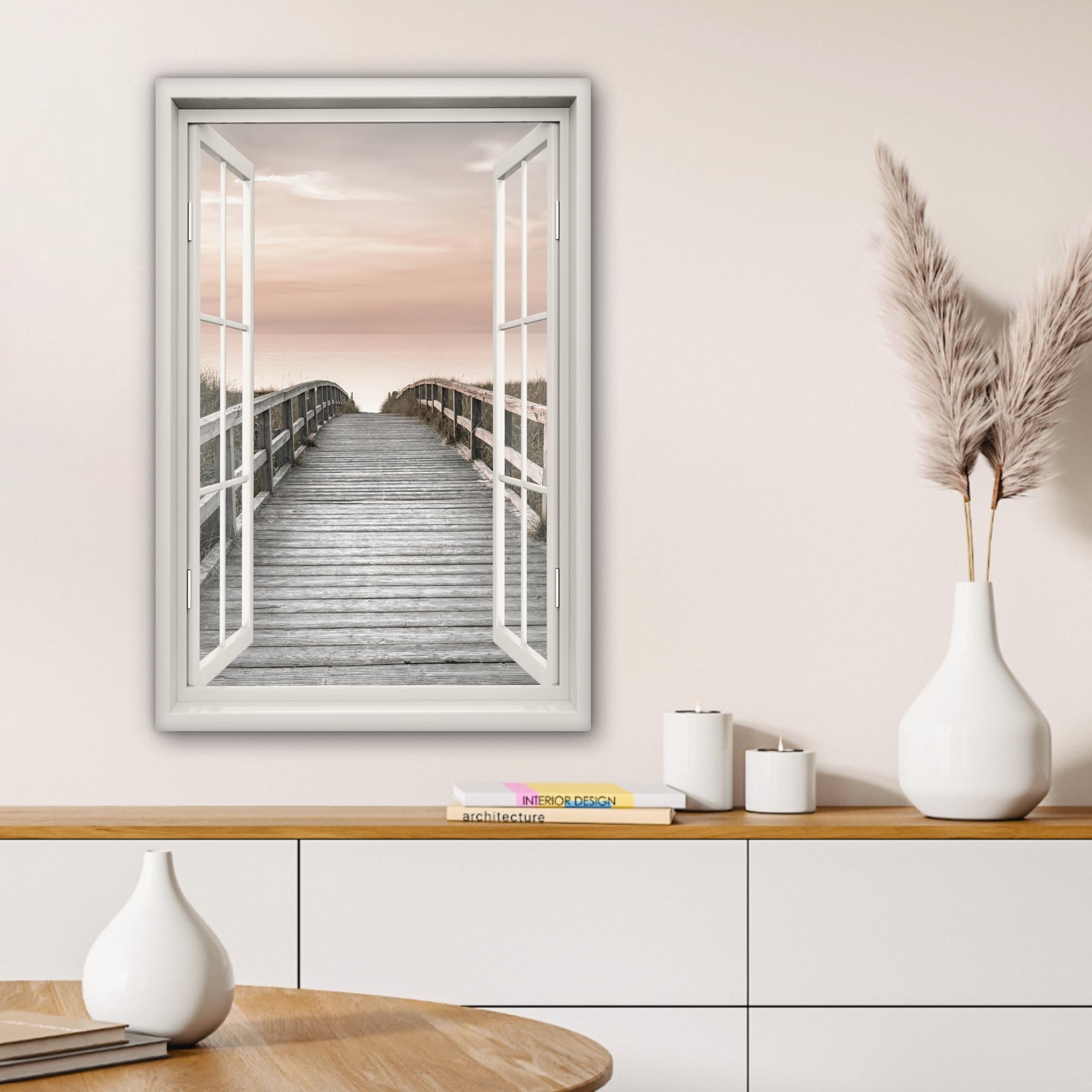 MuchoWow© Canvas Schilderij 80x60 cm Kamer Decoratie Woonkamer Slaapkamer Room Decor Wanddecoratie Wall Art Painting Vuurtoren - Zee - Mist - Rotsen