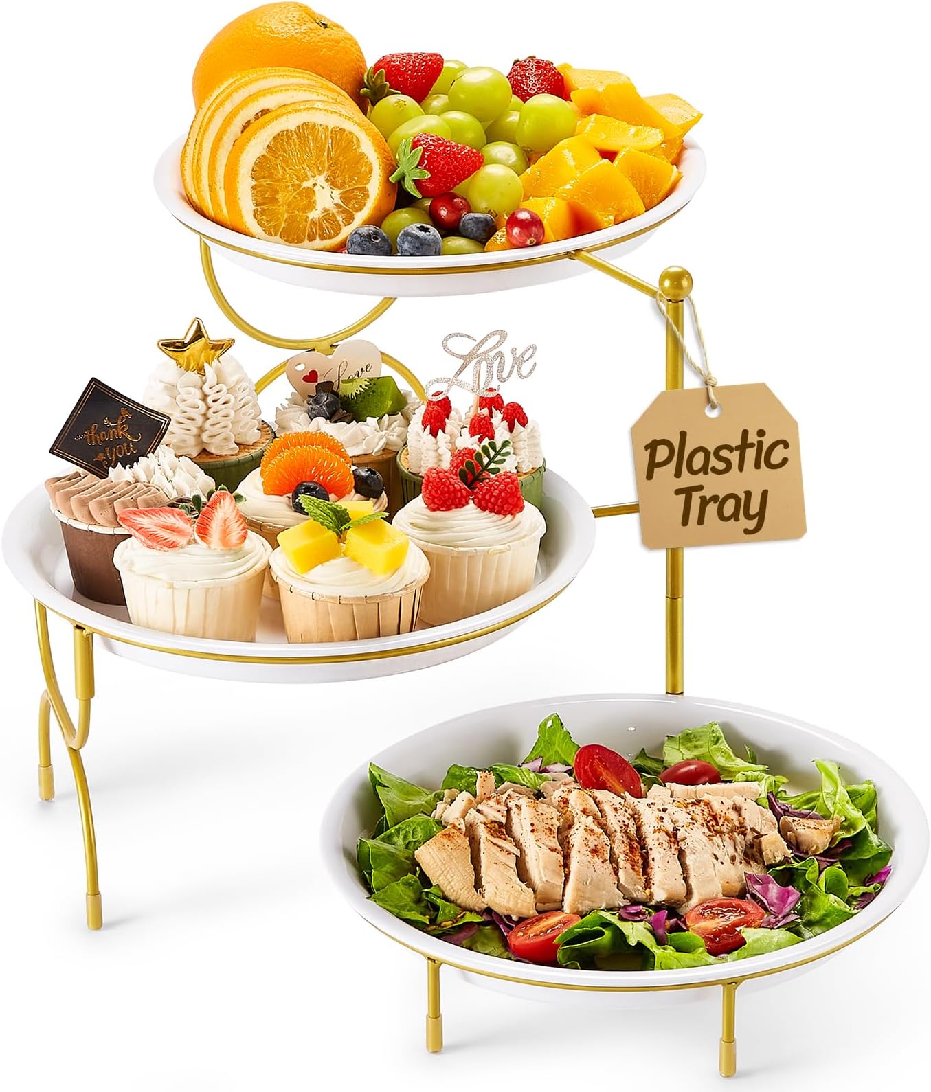 Lifewit Plastic 3 Tier Serving Tray for Party, 25 cm/10" White Reusable Round Serving Platters with Black Collapsible Metal Stand, Decorative Dessert Table Display Set for Veggie, Fruit, Cookies