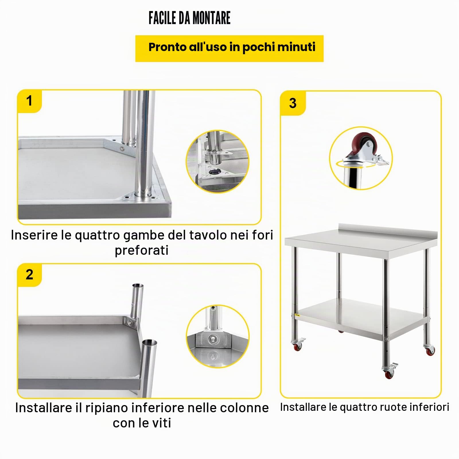VEVOR Tavolo da Lavoro per Cucina di Preparazione Alimenti in Acciaio Inox 4 Ruote Alzatina 5cm, Piano da Lavoro Ripiano Doppio 91,4x61x89cm con Ruote e Alzatina Capacità Carico 200kg, metallico