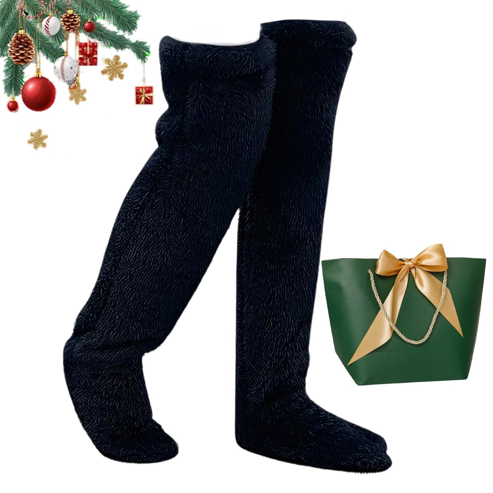 Snrtevu Goose Down Knee Socks for Christmas, Socks Long Fuzzy Thigh High Warm, Plush Knee High Sock for Women, Winter Fuzzy Thermal Home Sleeping Sock (black)