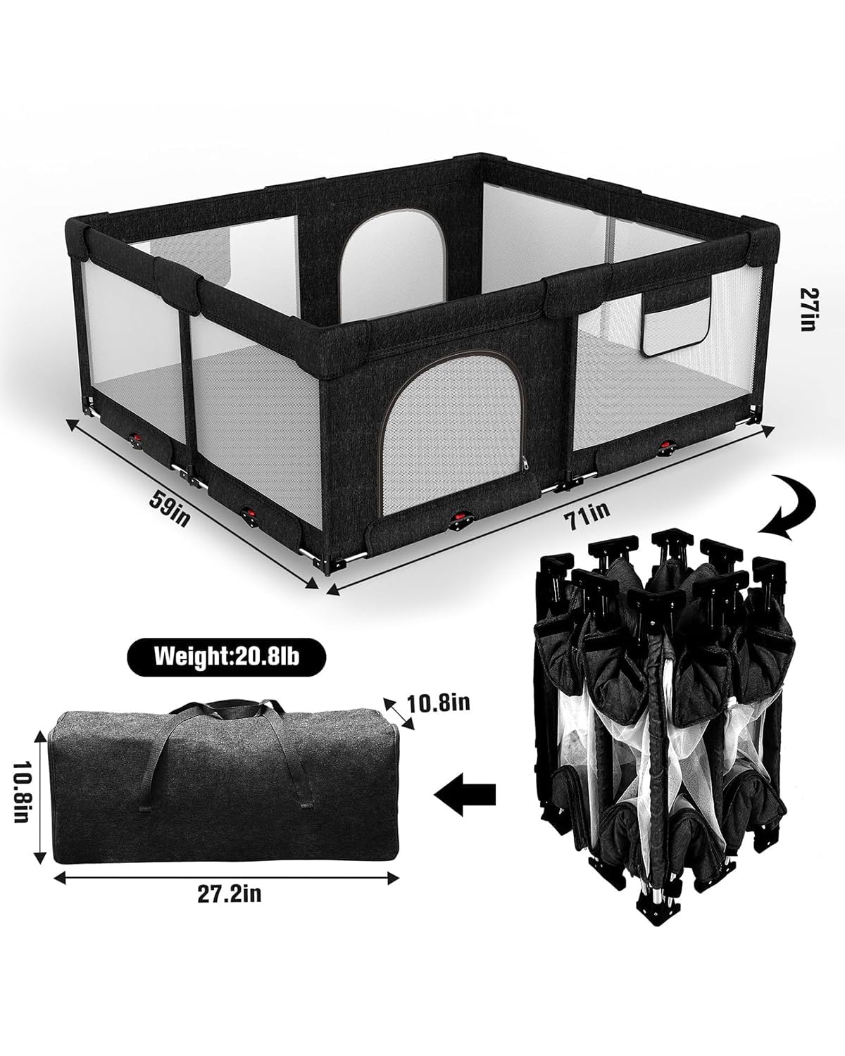 Condition photo showing New/Like New for veraste foldable baby playpen with gate, extra large collapsible play yard for babies & toddlers, portable travel playpen, baby activity center for indoor & outdoor use (black 59"×71")