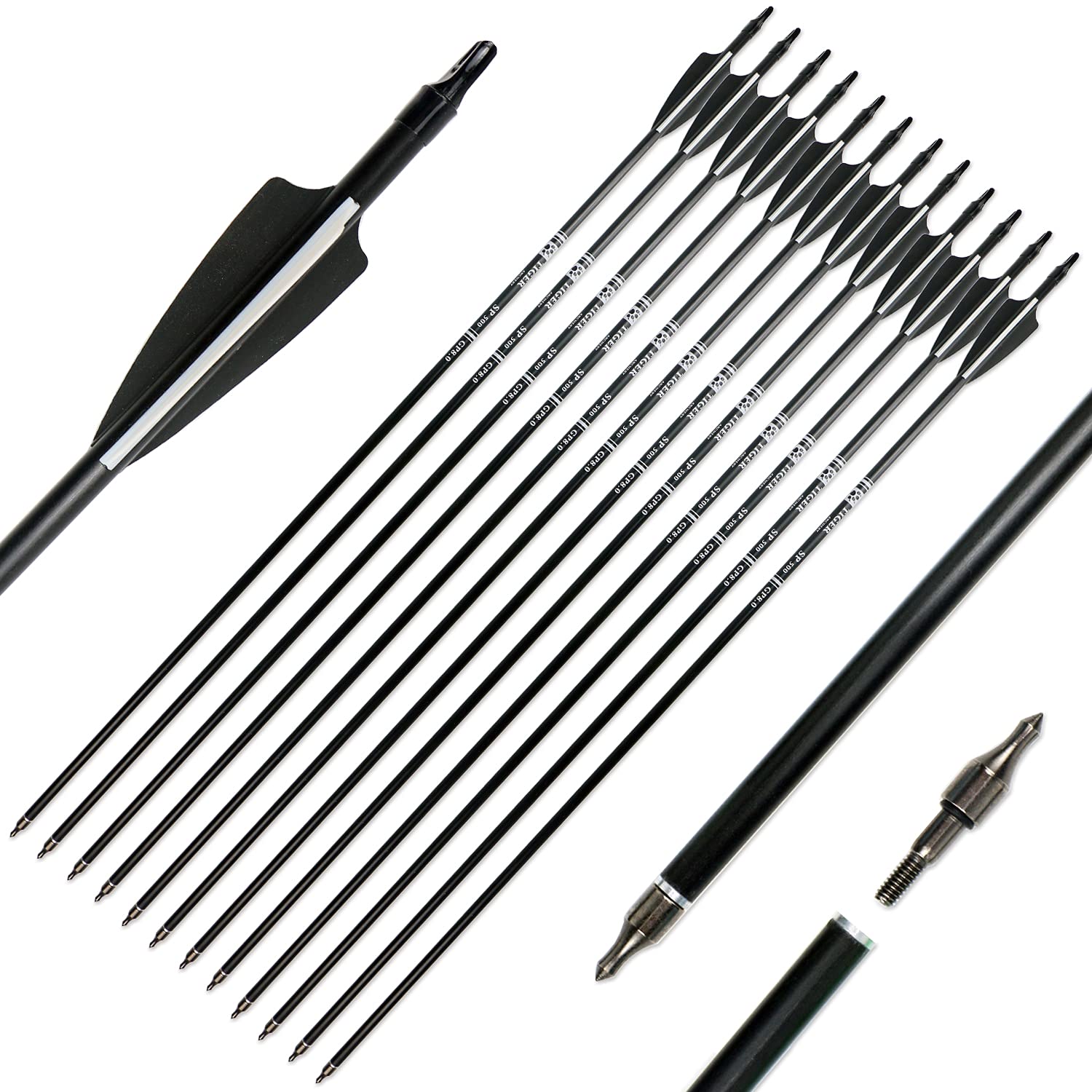 30inch Fiberglass Arrow with Replaceable Arrowhead Spine 500 for Recurve and Compound Bow Hunting and Practice Hunting