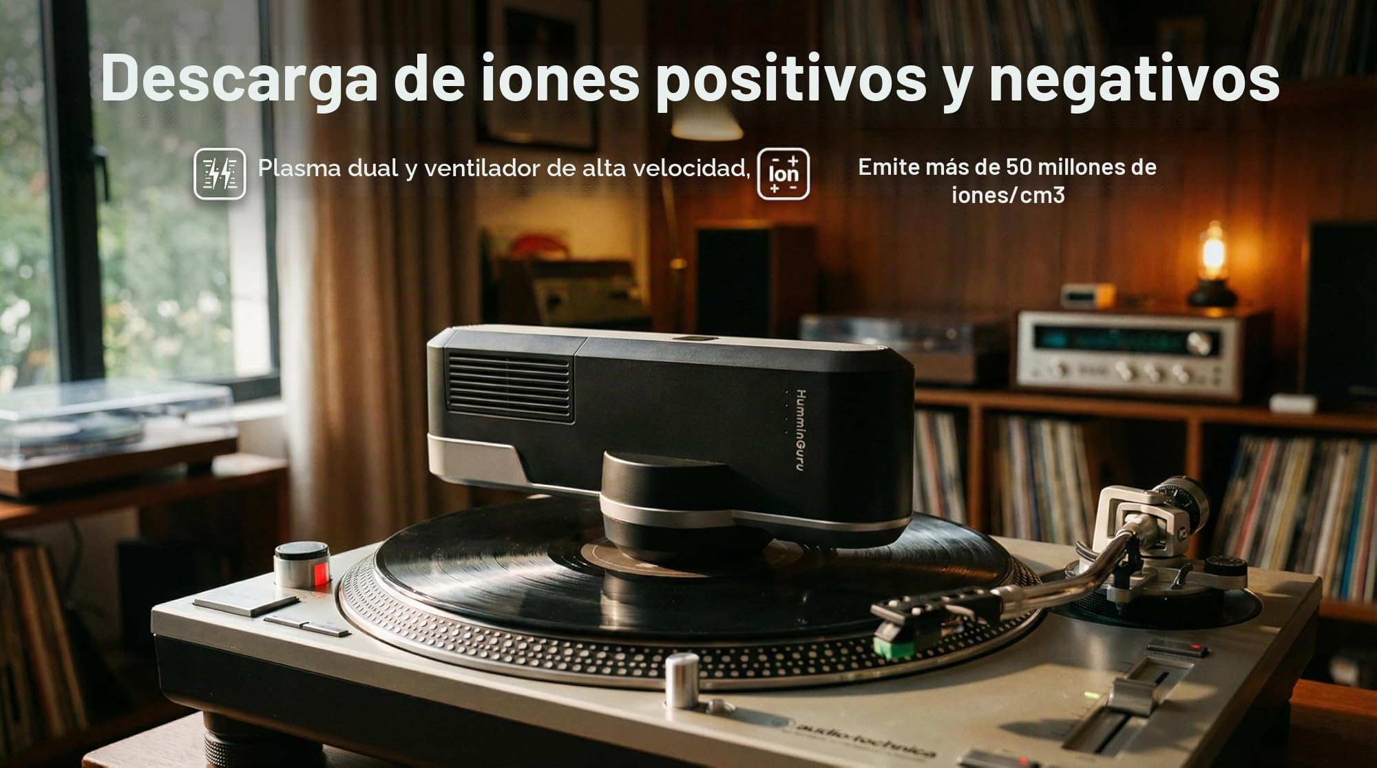 HumminGuru Removedor Estático Orbit para Discos de Vinilo, Máquina Limpiadora de Discos de Vinilo Elimina La Carga Estática Uniformemente, Ionizador Giratorio de 360° LP, Kit de Limpieza de Accesorios