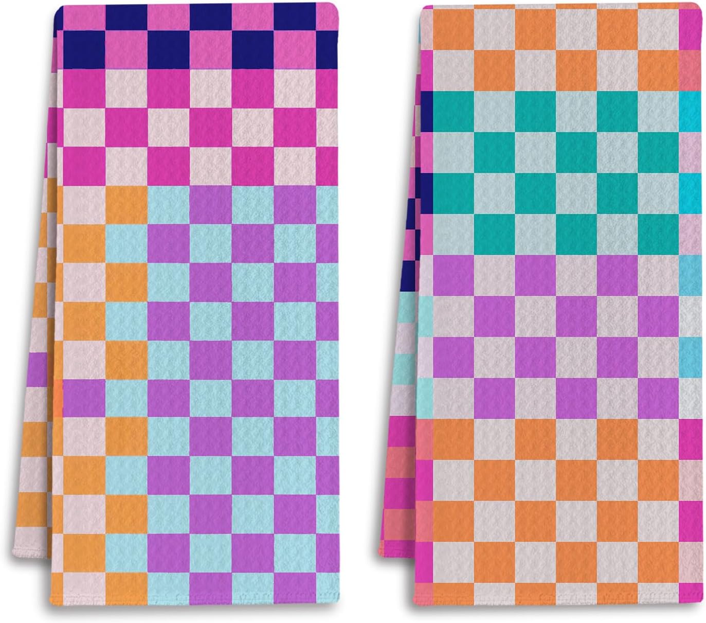 Trendy Checkered Kitchen Towels, Colorful Plaid Dish Tea Towels for Kitchen Decor, Boho Vintage Eclectic Checkerboard Decorative Hand Towel for Bathroom, 16x24 Inches Set of 2