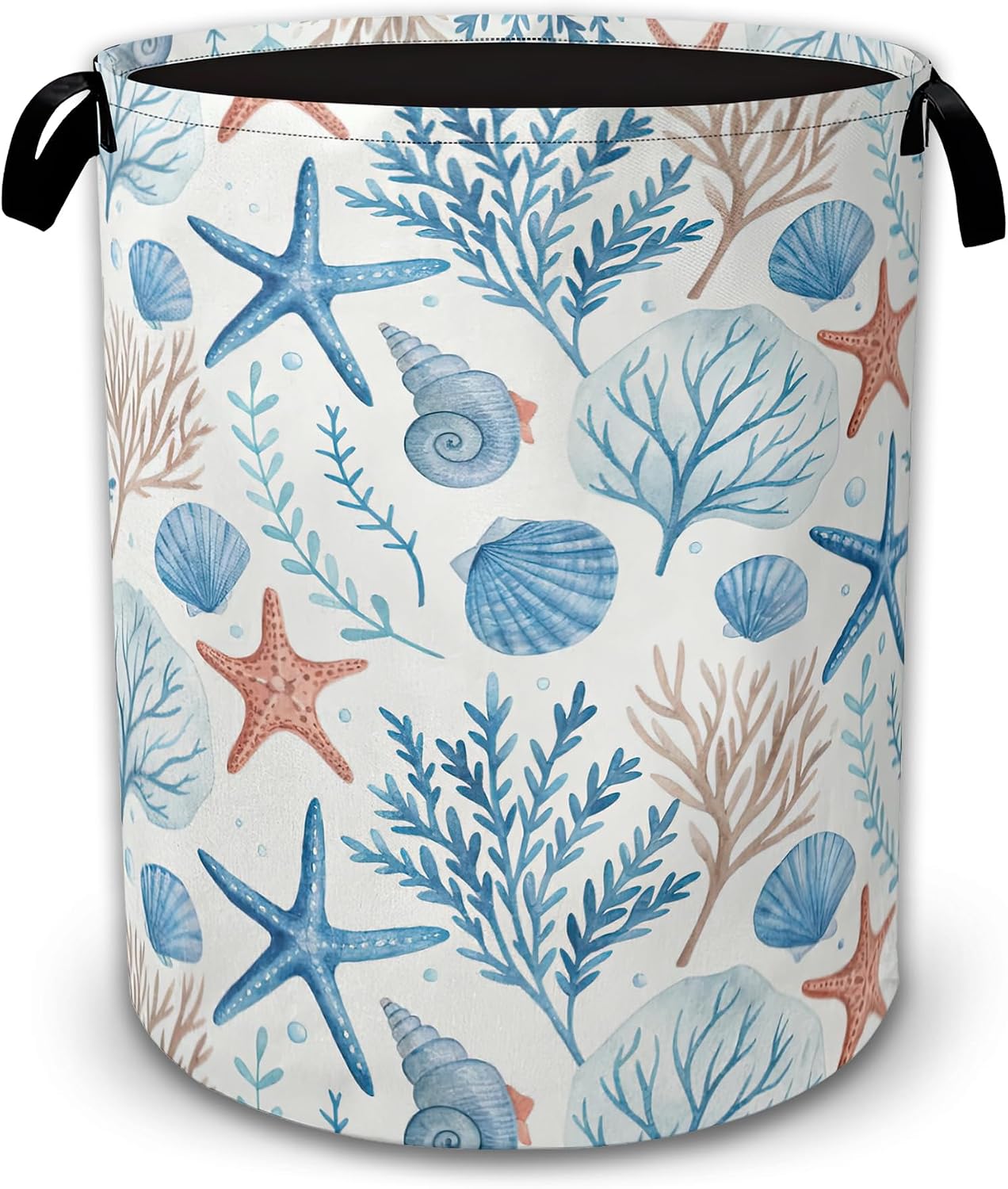 Laundry Hamper Foldable with Handles,Starfish Seashell Oxford Cloth Laundry Basket,Coral Storage Organizer for Bathroom Bedroom Dorm 16"x20.8"