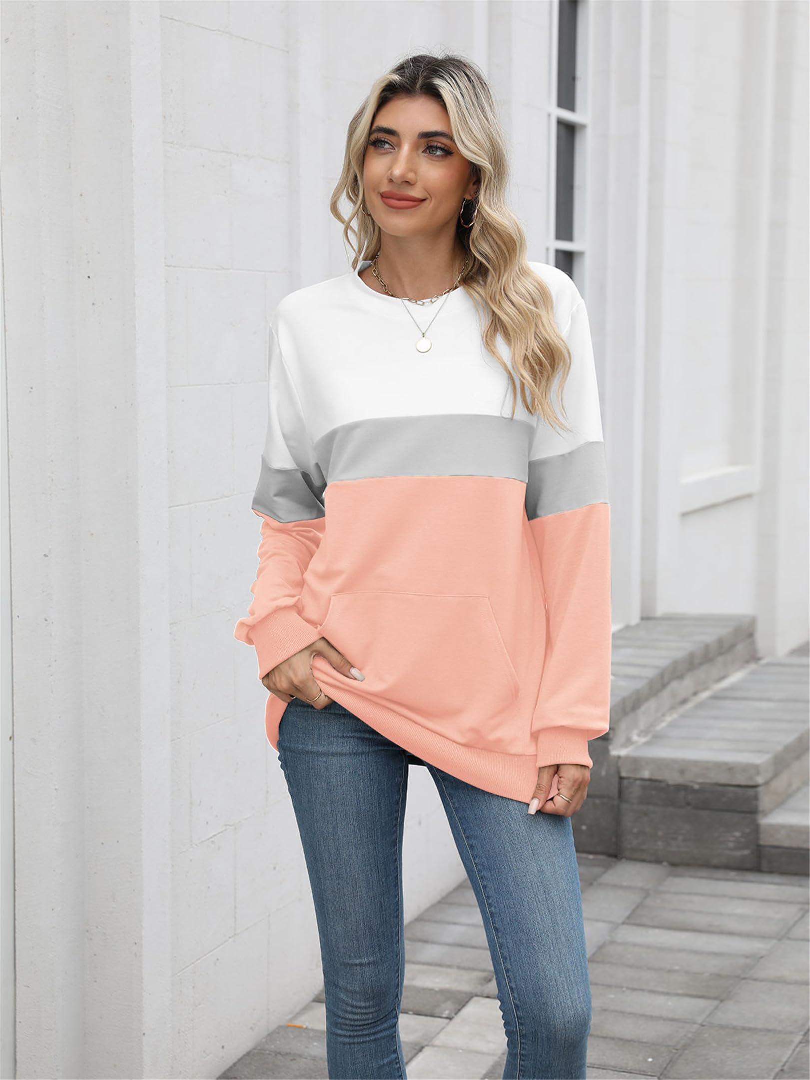 Bluza damska z długim rękawem, basic, okrągły dekolt, bez kaptura, bawełna, casualowa, z kieszeniami, luźna, oversize, jednokolorowa, na jesień, zimę, sport, streetwear, S-XXL