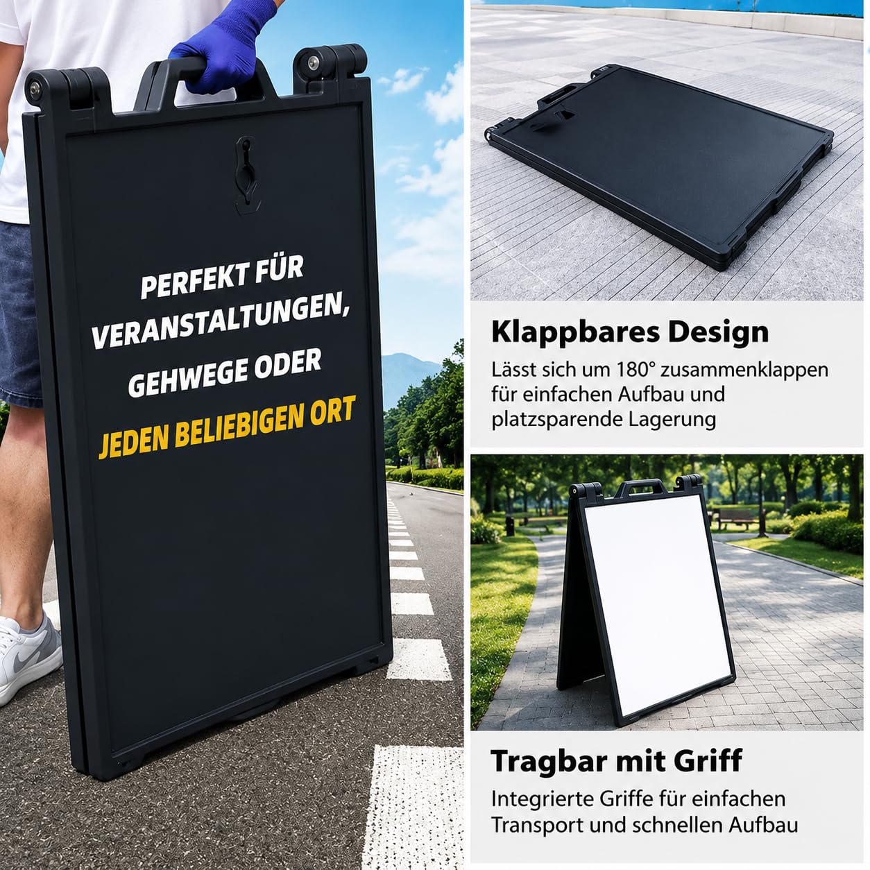 Outdoor A-Frame Kundenstopper, doppelseitiger Werbeaufsteller, ca. 104 × 65,5 × 6 cm, wasserbefüllbar, wetterfestes Gehweg-Sandwichboard für Außen- und Innenwerbung