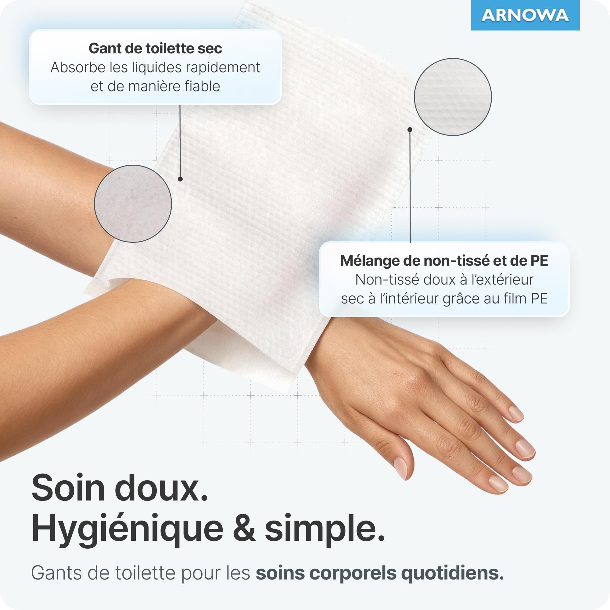 50x ARNOMED® Gant de Toilette Jetable en Molleton Hydrofuge, Gants de Toilette Jetable pour Adultes & Bébés, Gant de Toilettes Jetable Doux & Souple, Gant de Toilette Jetable Usage Unique