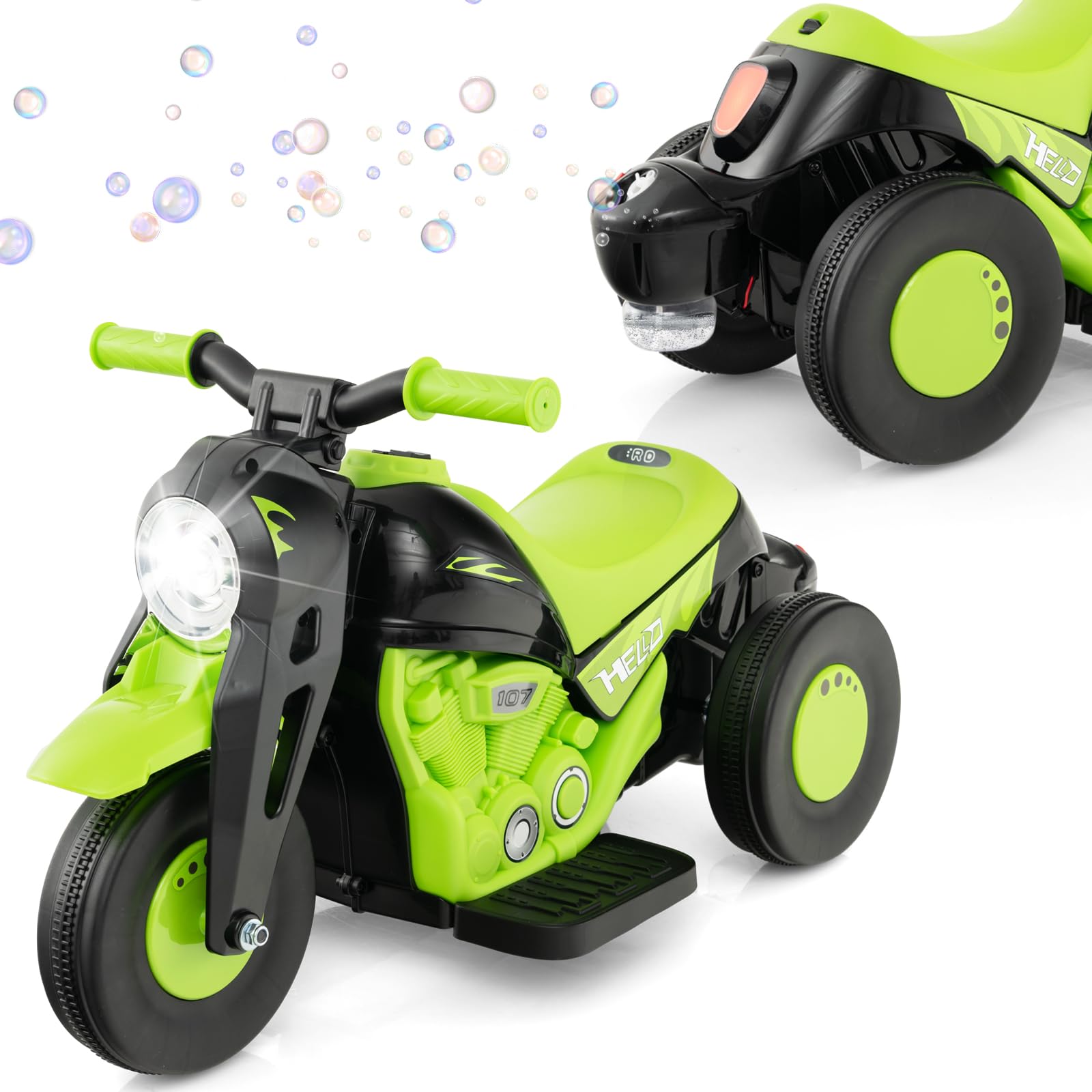 COSTWAY 6V Kids Ride on Motorcycle, Electric Toy Car with Bubble Maker, LED Headlight, Forward & Backward Switch, Battery Powered Motorbike for Boys Girls (Green)