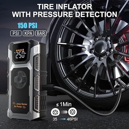 Miniatura 3 de Arrancador de Emergencia con Compresor de Aire, Amplificador de Batería Portátil de 5500A de Pico para hasta 9.5L de Gasolina/8.0L de Diésel