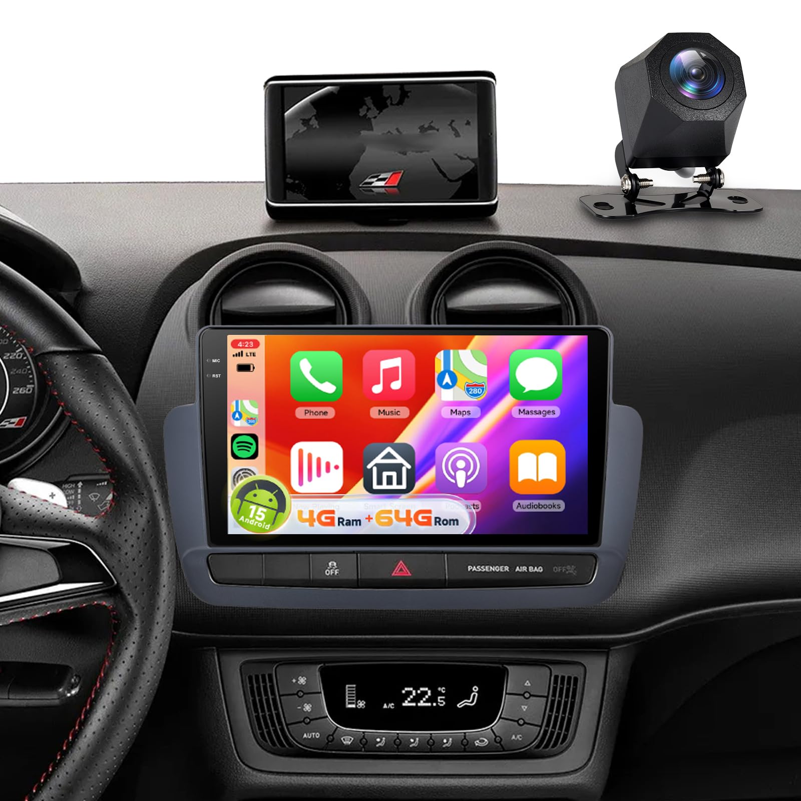 【4+64G】 Hodozzy Carplay Radio Coche para Seat Ibiza 2012-2015,Pantalla In-Cell de 9 Pulgadas con Bluetooth 5.0/Android Auto/DSP/GPS/WiFi/RDS/FM+Cámara de Marcha Atrás