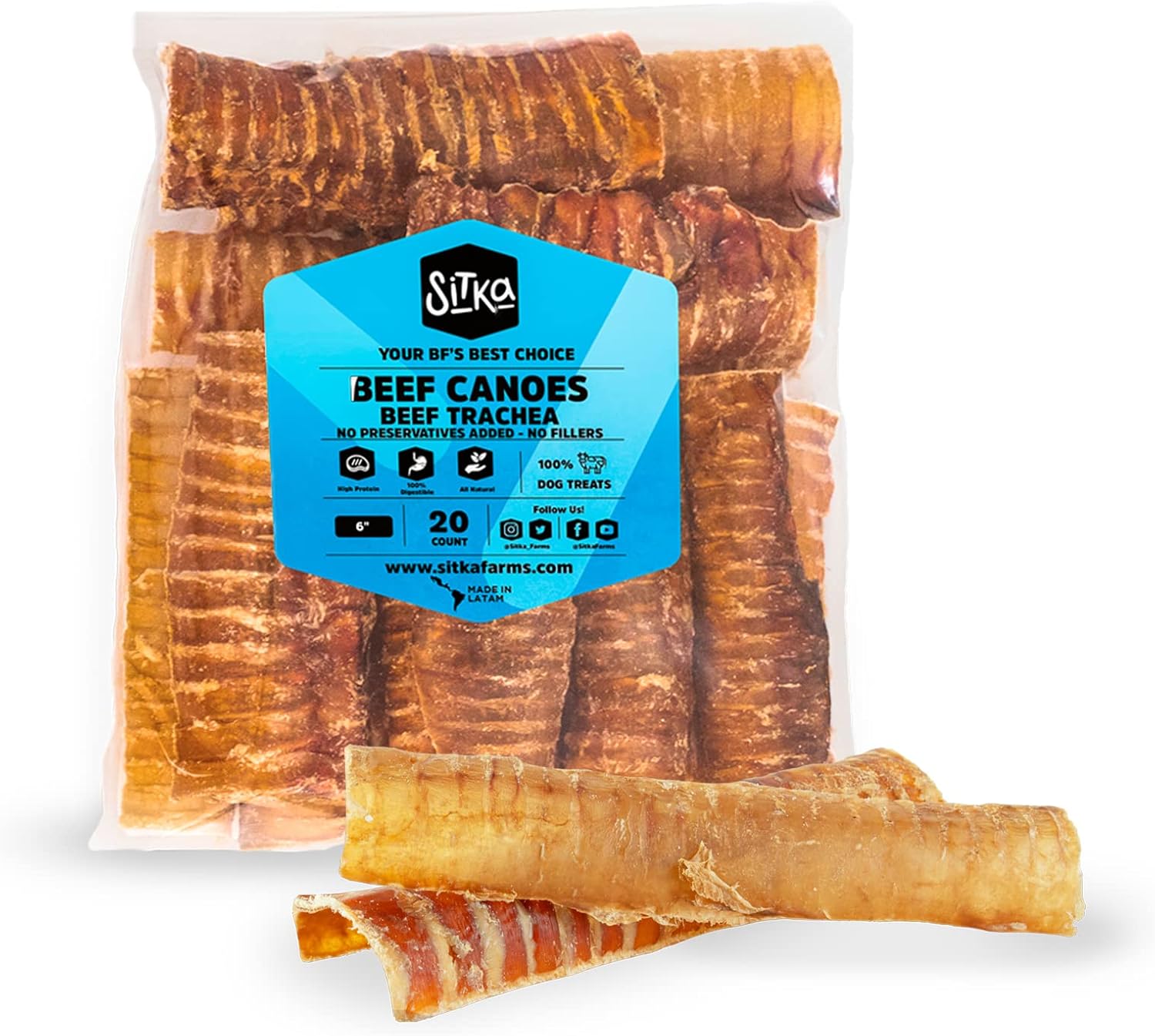 Sitka Farms Beef Split Trachea Canoe 6" - 20 Pieces - Dental Health Treat - Bone and Chews - 100% Natural Premium Dog Treat Long Lasting for Medium Large and Small Dogs