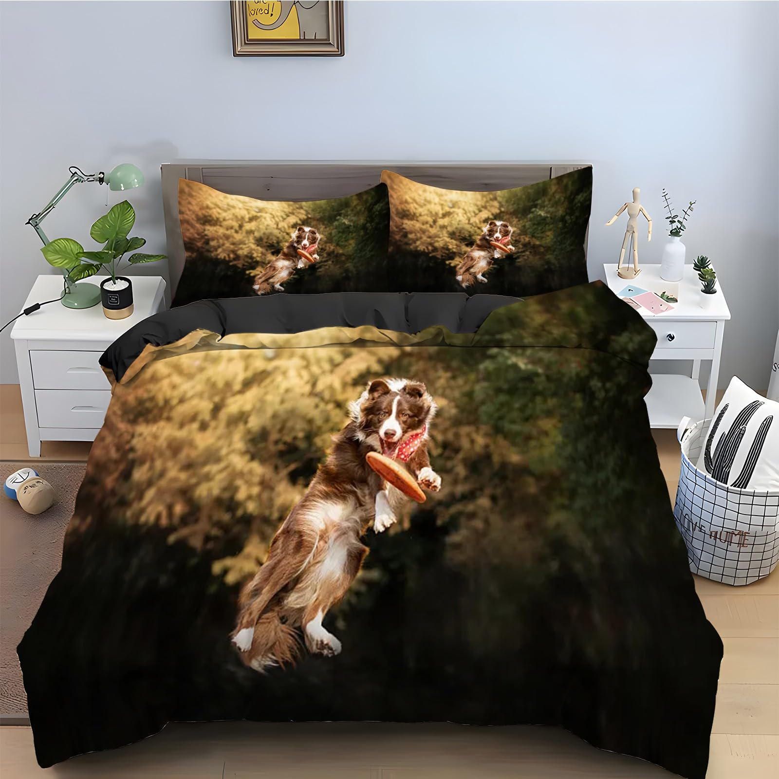 Housse de Couette 220x240 Chien De Berger avec 2 Taies d'Oreiller