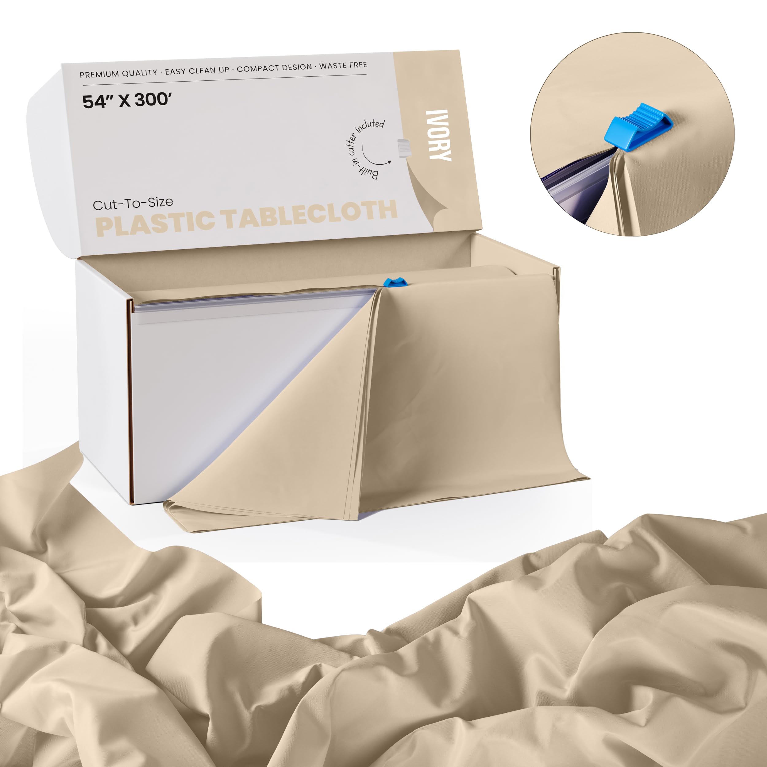 Exquisite 54 Inch X 300 Feet Ivory Plastic Table Cover Roll in A Cut - to - Size Box with Convenient Slide Cutter. Cuts Up to 36 Rectangle 8 Feet Plastic Disposable Tablecloths
