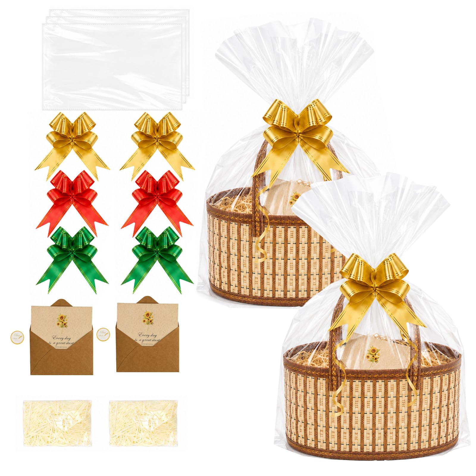 2 Set Empty Hamper Basket, Large Woven Bamboo Gift Basket Hamper Kit with Handles, Wrap Bags, Raffia Greeting Cards, Pull Bows for Christmas Birthday Baby Shower Wedding