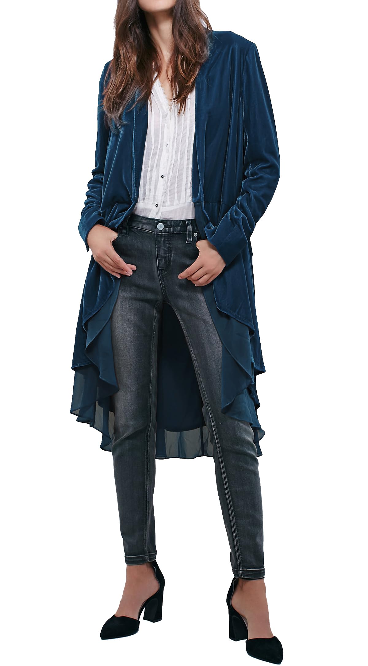 R Vivimos Womens Ruffled Asymmetric Long Velvet Blazers Coat Casual Jackets